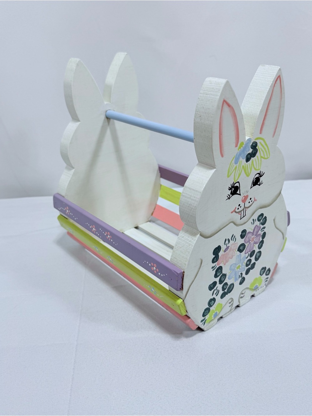Vintage Hand Painted Wooden Easter Bunny Basket Storage Box Spring Decor